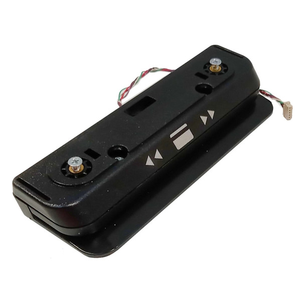 The rear mounting side of a black rectangular NCR magnetic stripe reader module, isolated on a white background. The plastic housing features two protruding mounting screws set into circular tracks, alignment slots, and white printed graphics indicating a dual-direction card swipe with a credit card icon flanked by arrows. A thin, twisted red, green, and white wire harness with a small white multi-pin female terminal connector loops out from the top.