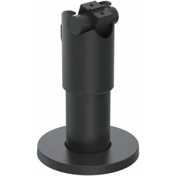 SpacePole SP2 DuraTilt 100mm black POS pole mount (DTP171-02) featuring a heavy-duty steel countertop base, cylindrical neck, and adjustable tilting mechanism for credit card readers, isolated on a white background.