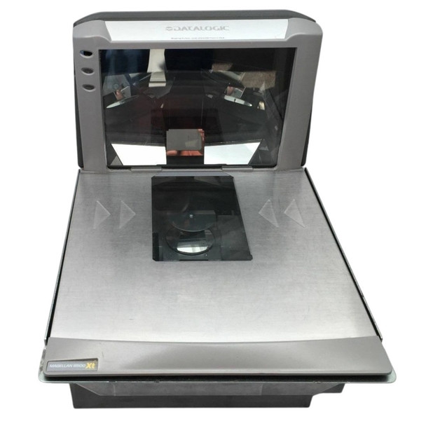 Datalogic Magellan 8500Xt bi-optic in-counter barcode scanner and scale combo unit featuring a stainless steel long platter weighing surface, a vertical scan window hood with the Datalogic logo, and horizontal glass scanning panel, shown from a front perspective on a white background.