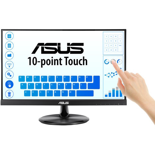 Front view of the black ASUS VT229H 21.5-inch touchscreen monitor on a circular stand, displaying a user interface with a blue virtual keyboard and a hand interacting with the screen.
