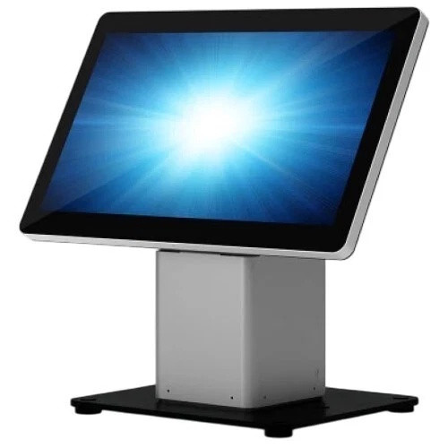 Studio stock image of the Elo I-Series all-in-one touch computer with an active blue and white graphic glowing on the screen, supported by a silver block-style kiosk desktop base with a flat black bottom plate.