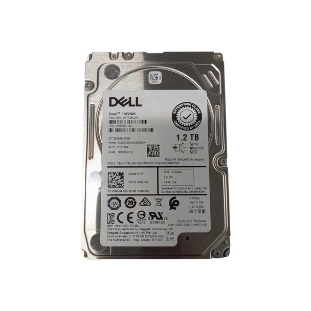 Front view of a Dell PowerEdge 1.2TB 10K SAS 2.5-inch internal enterprise hard drive, model ST1200MM0099, displaying the official Dell OEM label with specs, QR codes, and regulatory certifications on a white background.