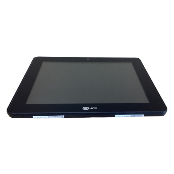 Front angled view of a zero-bezel NCR RealPOS XL15 touchscreen display with a flat glass panel, a prominent white NCR logo printed on the lower bezel, and a slim dark profile.