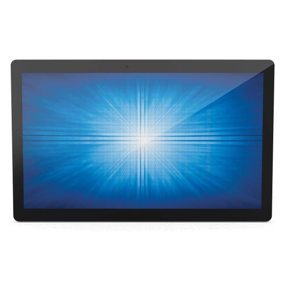 Front straight-on view of the black Elo I-Series 2.0 21.5-inch All-in-One Touchscreen Computer (E693022) showcasing its flat edge-to-edge glass display with a glowing blue radial burst graphic, black bezels, and a small built-in webcam sensor at the top center.