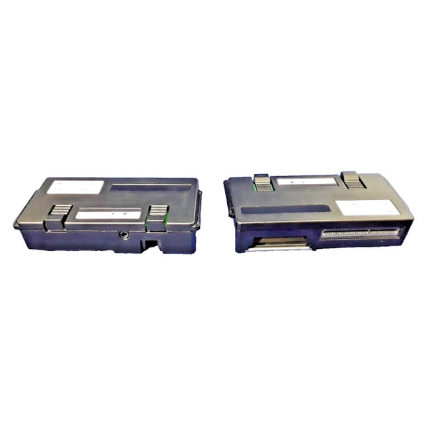 Side-by-side comparison view showing two identical black Verifone P132-601-00-R modular I/O blocks placed on a plain white background, with the left unit showing the rear audio port side profile and the right unit displaying the front multi-pin connector strip.