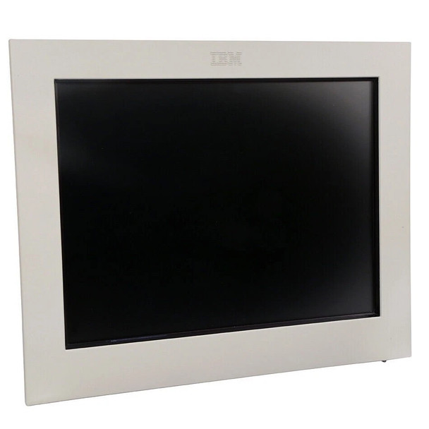 Front view of an IBM SurePoint 4820-1WD 10.1-inch flat panel POS customer display head. The monitor features a thick pearl white plastic bezel framing a matte black screen, with a faint, raised IBM logo centered on the top border. The unit is photographed at a slight three-quarter angle against a solid white background, shown without a desktop stand or mounting arm.