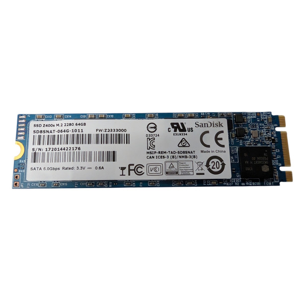 Front view of blue SanDisk Z400s 64GB M.2 2280 SATA III SSD circuit board with product label, model SD8SNAT-064G-1011, and B+M key edge connector.