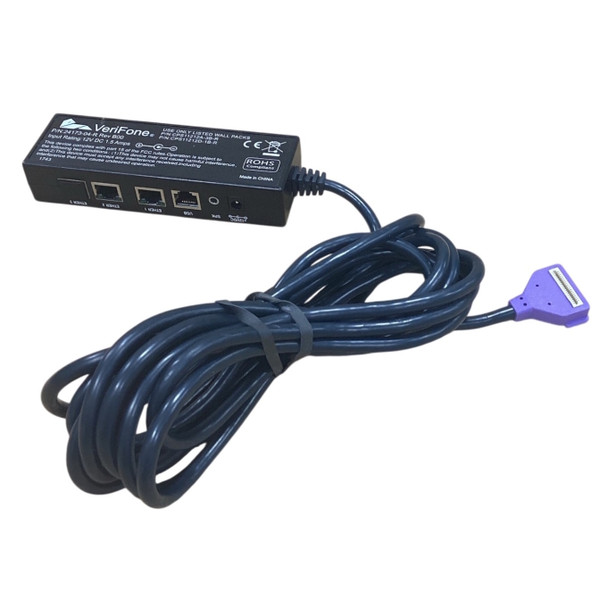 Angled view of the Verifone 24173-04-R connection box highlighting the Ethernet, USB, audio speaker, and 12V DC power input ports connected to a bundled black cable with a purple terminal end.