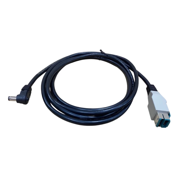 Close-up view of the dual-port connection end on the Verifone CBL445-040-02-A cable, highlighting the blue-accented terminal interface plug alongside a coiled black cable and right-angle power barrel tip.