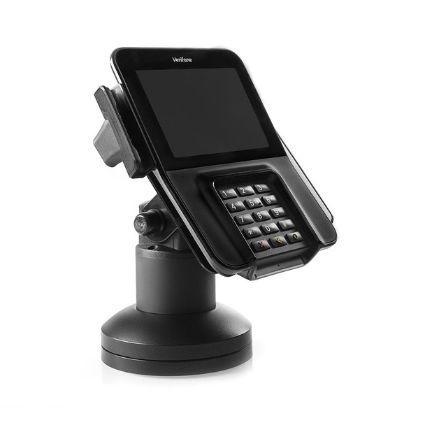 Verifone M400 card reader mounted on a black HAT Design Works PTS-04-M400/MX915-104 countertop pole mount.