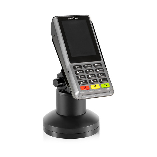 An angled front-three-quarter view of a black payment terminal stand with a silver Verifone P400 terminal mounted on it, displaying the screen, keypad with colored buttons, and side details. The stand's cylindrical base and adjustable hinge are visible.
