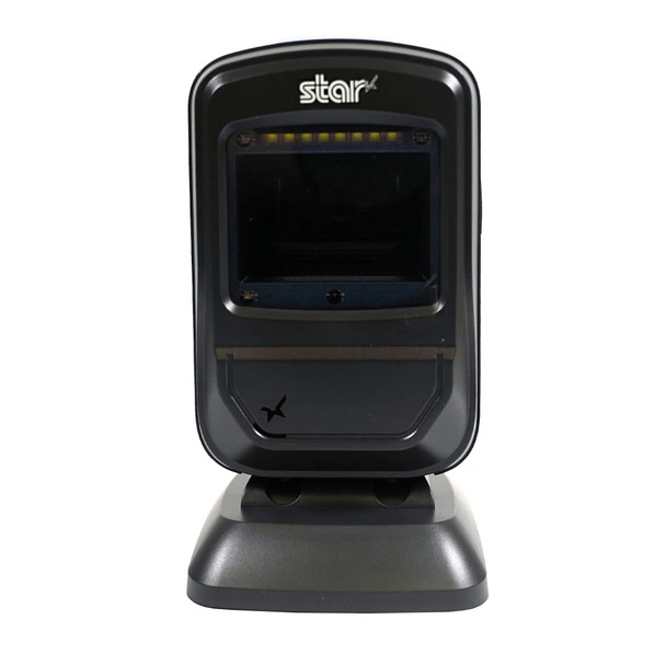 Front view of the Star Micronics BSD-40U desktop 2D barcode scanner on its base, showing the scanning window and Star logo.