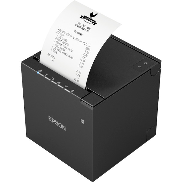 Angled high-angle view of the black Epson OmniLink TM-m30III thermal printer dispensing a receipt from the top exit slot.