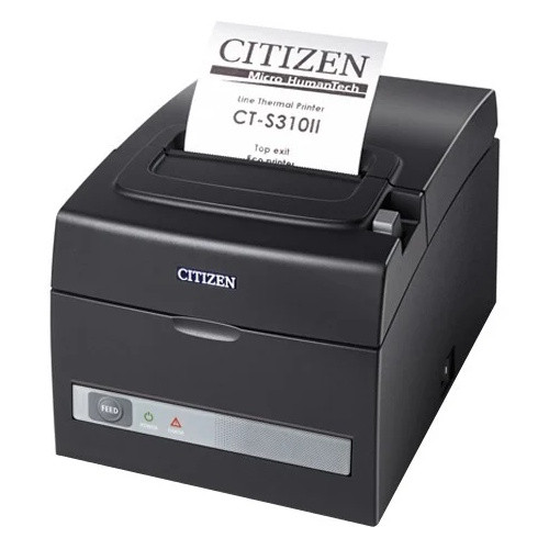 Angled high-angle view of the black Citizen CT-S310II Ethernet receipt printer dispensing a printed test receipt from the top exit slot.