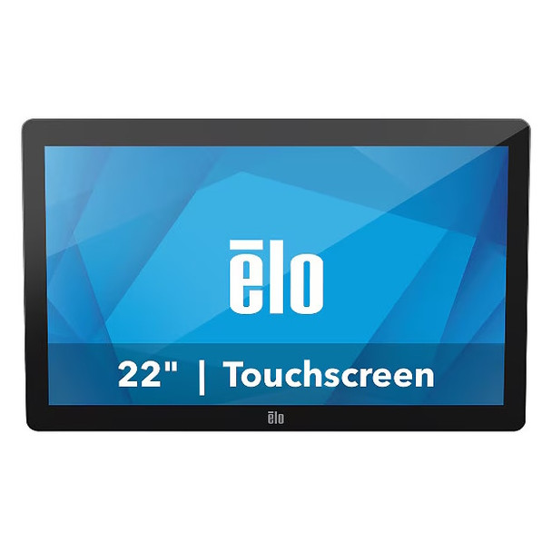 Front view of the black Elo 2202L 22-inch touchscreen monitor displaying the Elo logo graphic and 22" Touchscreen text.