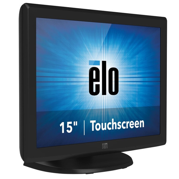 Close-up angle of the dark gray Elo 1515L 15-inch LCD touchscreen monitor displaying the Elo logo on a blue background.