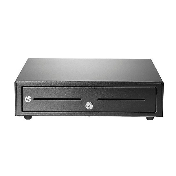 Direct front view of the black HP Standard Duty Cash Drawer closed, featuring the HP logo on the left, key lock in the center, and two media slots across the front face.