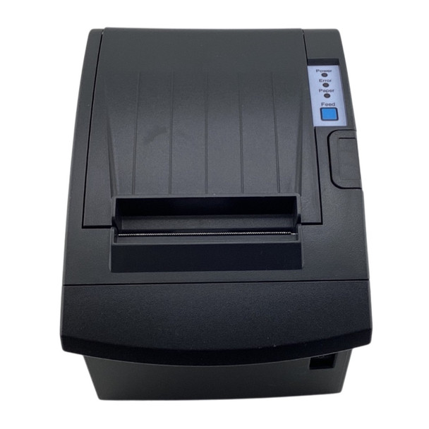 Top-down view of the dark grey BIXOLON SRP-350PLUSIII thermal receipt printer featuring the top paper cover, receipt exit chute, and control panel with Power, Error, Paper indicators and Feed button.