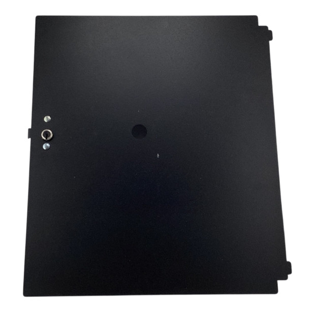 Top-down view of the black metal NCR locking till lid featuring the key lock cylinder and mounting tabs along the edges.
