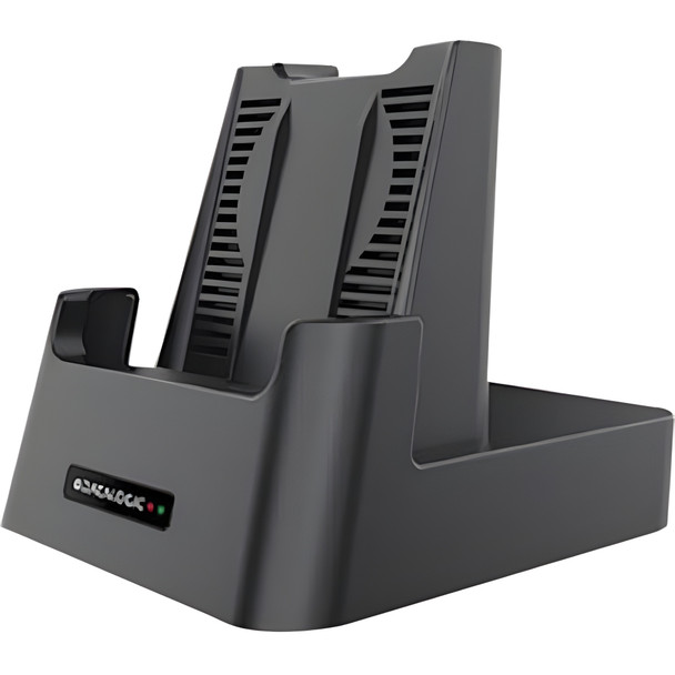 Front angled view of a black Datalogic Memor 10/11 single-slot desktop charging dock showing the drop-in charging bay, backrest, and front Datalogic logo with LED indicator lights.