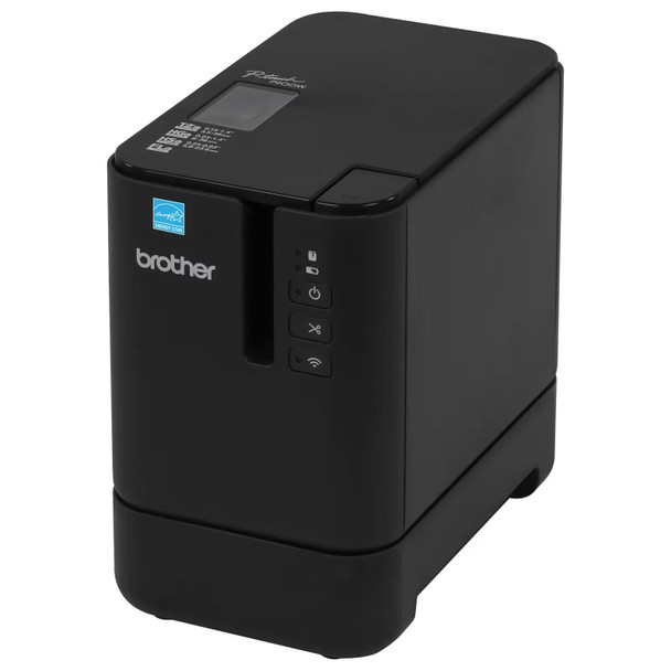 Angled side view of the compact, black Brother P-touch P900W desktop label printer.