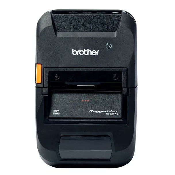 Direct front view of the black Brother RuggedJet RJ-3250WB mobile printer showing the paper exit, orange latch, and clear media window.