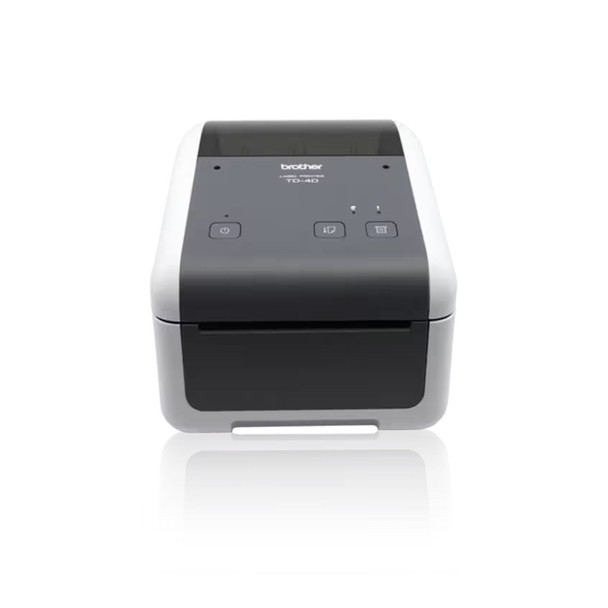 Front straight-on view of the Brother TD-4420DN direct thermal desktop network label printer in white and dark grey.