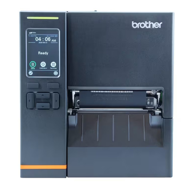 Front straight-on view of the Brother Titan Industrial TJ-4021TN label printer showing the color touchscreen interface, navigation buttons, and front label output mechanism.