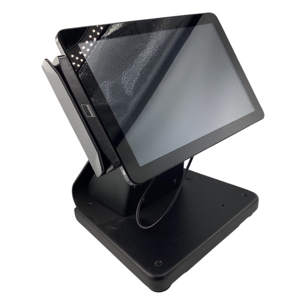 Elo I-Series 10.1-inch POS touchscreen terminal mounted on a heavy-duty black counter stand with an integrated card reader attached to the side.