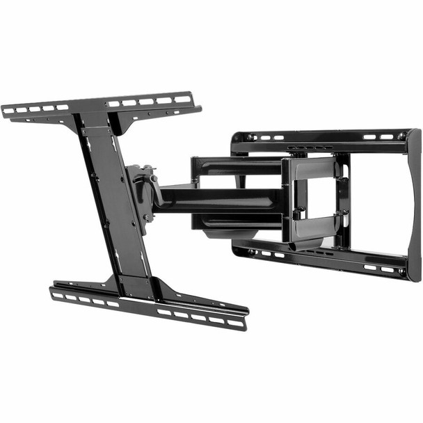 Front angle view of the black Peerless-AV PA762 Paramount articulating wall mount extended forward showing the wall plate, dual-arm mechanism, and front display adapter bracket.