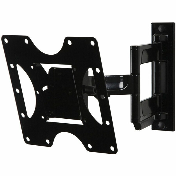 A front perspective view of the empty black Peerless-AV PA740 articulating wall mount showing its multi-pattern VESA mounting plate and double-arm extension structure.