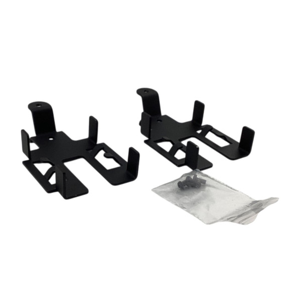Perspective view of the Logic Controls KB17WMBR-BK black left and right mounting brackets shown alongside a small plastic bag containing black installation screws.