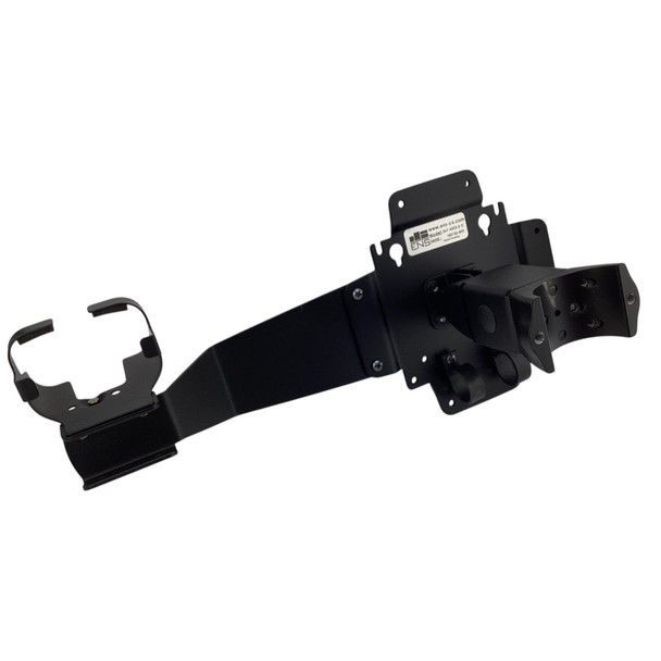 Side perspective view of the black steel monitor arm assembly highlighting the extension bracket, pole attachment collar, and terminal cradle.