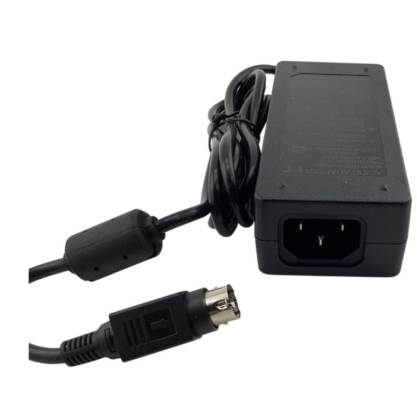 Black Logic Controls power supply brick shown from the end showing its standard 3-prong C14 AC inlet, alongside the attached DC output cable featuring a ferrite noise filter and a round 4-pin DIN output connector.
