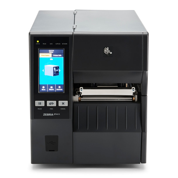 Front view of the Zebra ZT411 industrial printer featuring its full-color touchscreen interface, navigation buttons, and front dispensing slot.