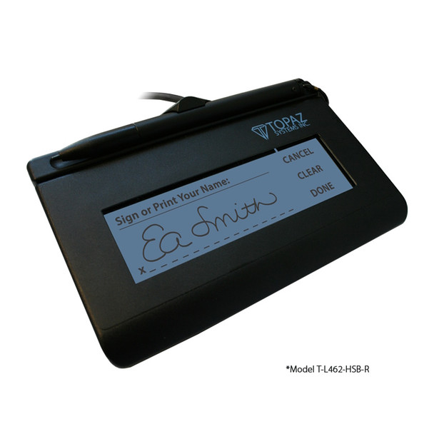 Angled view of the black Topaz SignatureGem LCD 1x5 electronic signature pad showing a sample signature on the backlit screen, attached stylus pen resting in its top holder, and Topaz Systems Inc. logo.