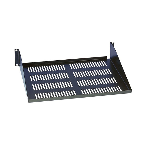 Angled front view from the right side of a black Eaton Tripp Lite SRSHELF2P 2U cantilever fixed server rack shelf, displaying the ventilated metal surface and front mounting flanges.