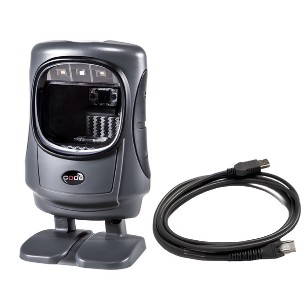 Kit contents view showing the dark gray PDC Code Reader CR5200 presentation barcode scanner on its integrated stand next to a bundled black USB connection cable.