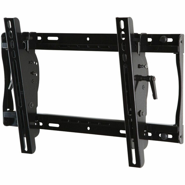 Three-quarter front view of the black Peerless-AV Paramount PT640 universal tilt wall mount, showing the open steel wall plate frame, dual vertical mounting brackets, and side ratcheting tilt adjustment handle.
