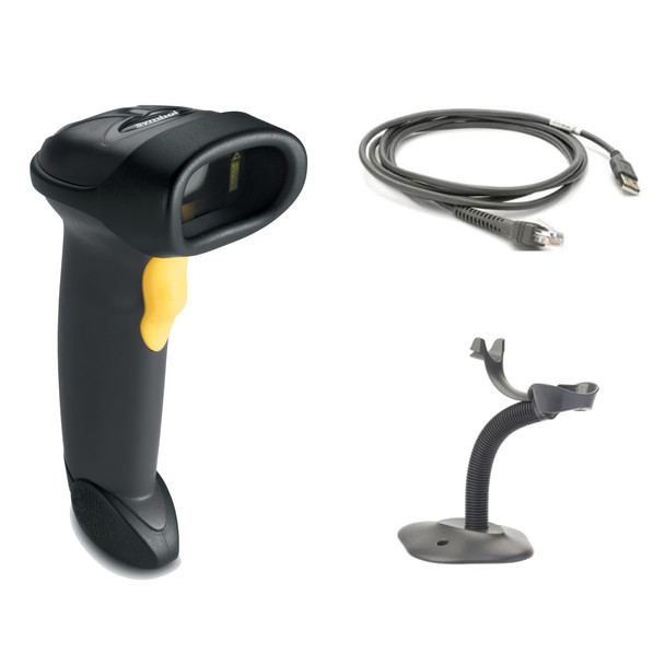 Zebra Symbol LS2208 handheld 1D barcode scanner in Twilight Black alongside an RJ45-to-USB connection cable and flexible gooseneck Intellistand.