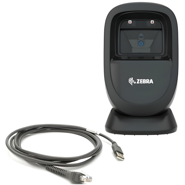 Zebra DS9308 hands-free 2D presentation barcode scanner in Midnight Black with an RJ45-to-USB interface cable.