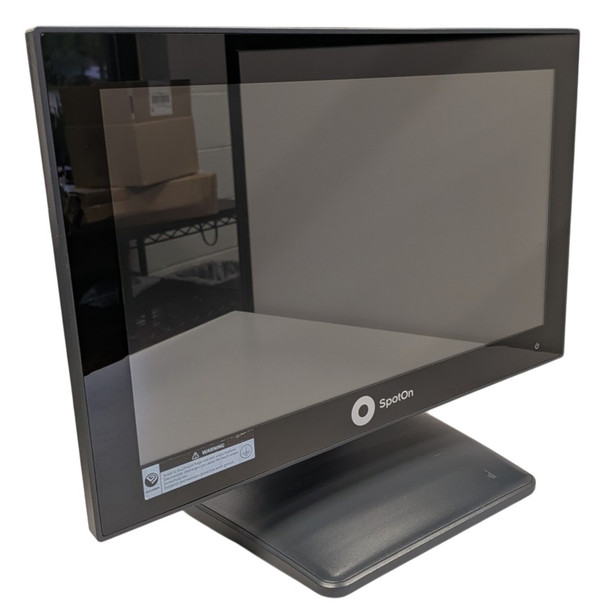 Front three-quarter view of a black POSBANK Apexa GW 17-inch touchscreen POS terminal with SpotOn branding on the bottom bezel.