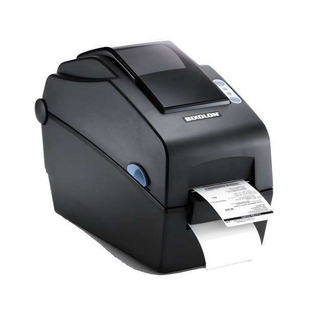 Side-angle view of a black Bixolon SLP-DX220 direct thermal desktop label printer dispensing a printed barcode receipt label.
