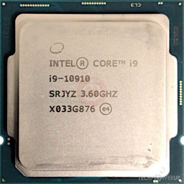 Top-down view of an Intel Core i9-10910 desktop processor with sSpec SRJYZ and 3.60GHz laser-etched on the integrated heat spreader (IHS).
