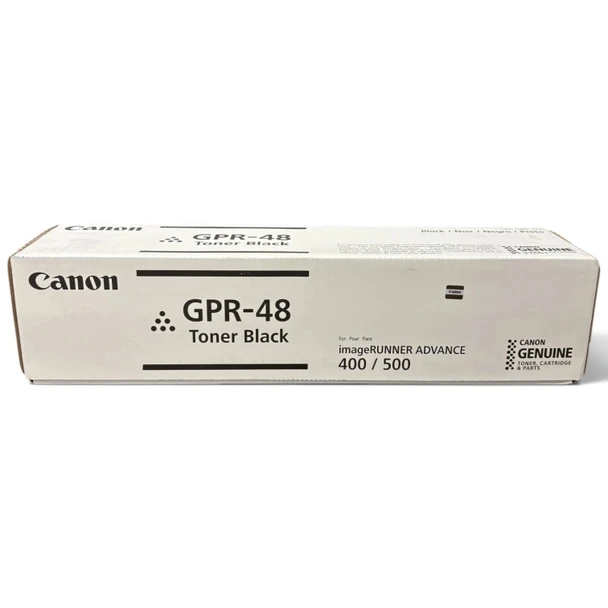 Front perspective view of the genuine Canon GPR-48 black toner cartridge sealed white retail packaging box for imageRUNNER ADVANCE 400 and 500 series copiers.