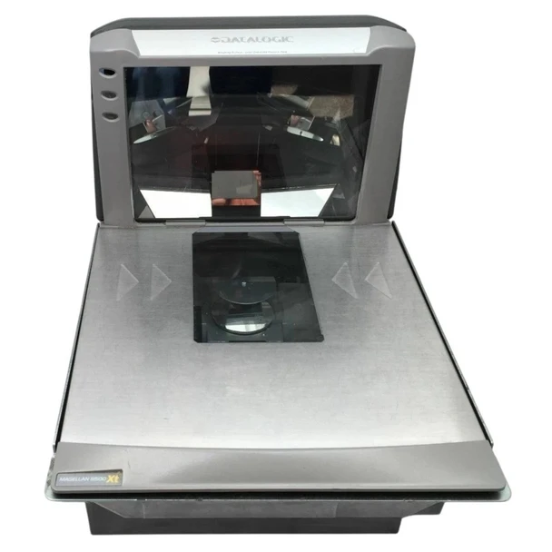 Front angled view of Datalogic PSC Magellan 8502 medium length in-counter bi-optic barcode scanner and scale with stainless steel platter and vertical bonnet.