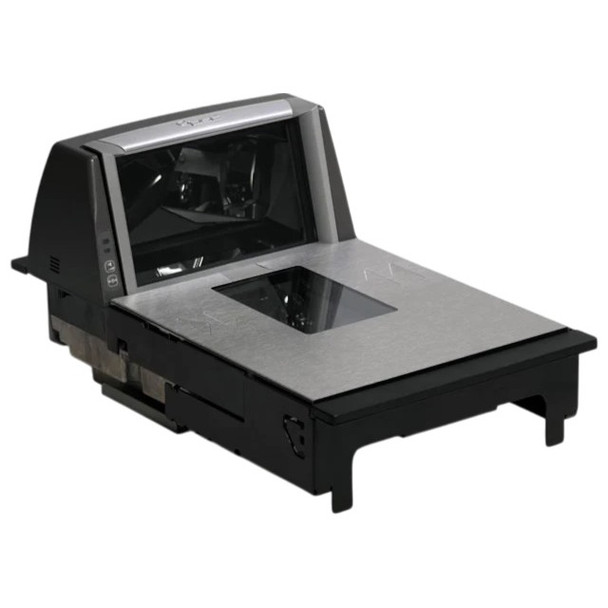Isometric perspective view of the PSC Datalogic Magellan 8204 long-length in-counter bi-optic barcode scanner and scale with stainless steel platter.