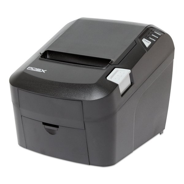 Front angled view of the black POS-X EVO series thermal receipt printer, showing the top paper exit slot, the grey release button on the side, and the control panel with power, error, and paper indicator lights next to the feed button.
