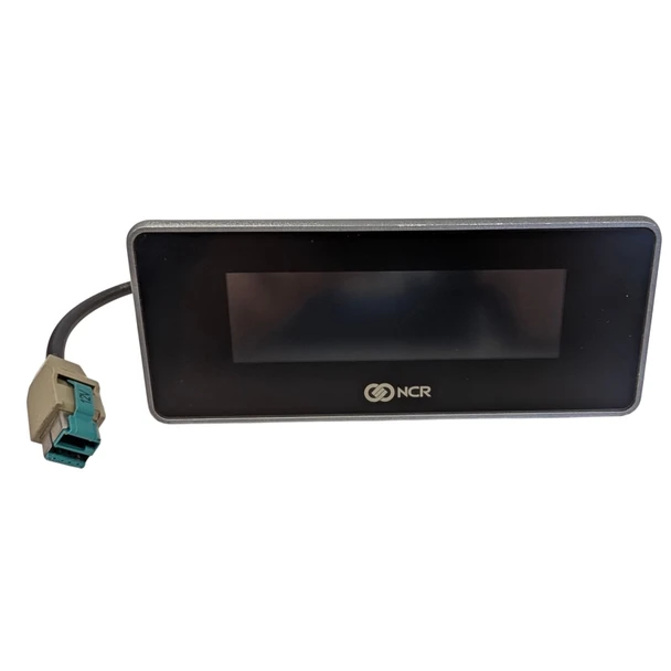 Front view of the NCR 7702-K450 2x20 customer display with an integrated stand mounting hardware component and attached cable.
