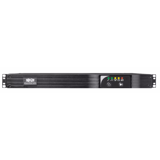 Front view of the Tripp Lite SMART500RT1U rackmount UPS showing the black bezel, Tripp Lite SmartPro branding badge, power button, mute button, and LED status indicator panel.